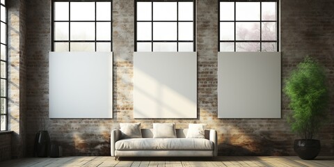 Three blank white posters in loft interior with windows and sunlight. Mock up.