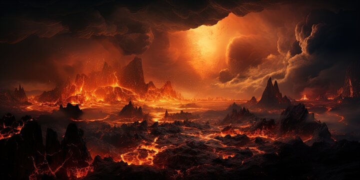 The crater is erupting, smoke, lava, Apocalyptic volcanic landscape with hot flowing lava and smoke and ash clouds.