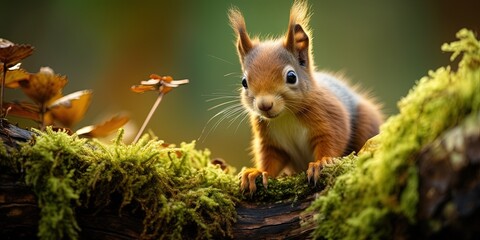 Wildlife animal photography background - Sweet young red squirrel( sciurus vulgaris) baby on a mossy tree trunk in forest - obrazy, fototapety, plakaty