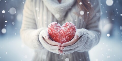 Winter snow christmas Valentine background greeting card - Closeup of woman with gloves holding a rod heart in her hands, defocused blurred bacground with snowflakes - obrazy, fototapety, plakaty