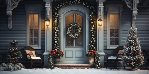 Xmas merry christmas new year decoration decor background of house home front door porch with garland and holiday decor. Winter family celebration vibe. - obrazy, fototapety, plakaty