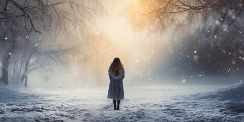 Young woman standing in misty nature gazing into the distance lost in thought Back view Fresh footprints in deep snow Chilly winter day - Powered by Adobe