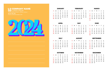 Calendar 2024 template vector. simple minimal design. Planner 2024 year. Wall calendar 2024 year.