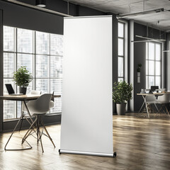 A Blank white standee in office wall mockup Generative AI