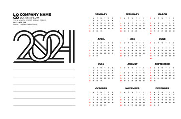 Calendar 2024 template vector. simple minimal design. Planner 2024 year. Wall calendar 2024 year.