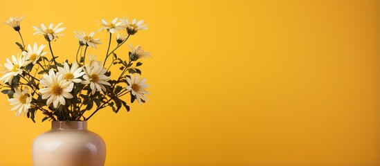 Fake flower arrangement on yellow backdrop