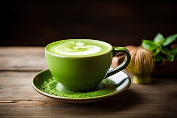 Matcha latte and powder on wooden table