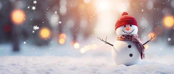 Naklejka na ściany i meble Christmas and new year background. Christmas decoration with a cute cheerful snowman in the snow in a winter park with beautiful bokeh. wallpaper background for ads or webdesign Generative ai