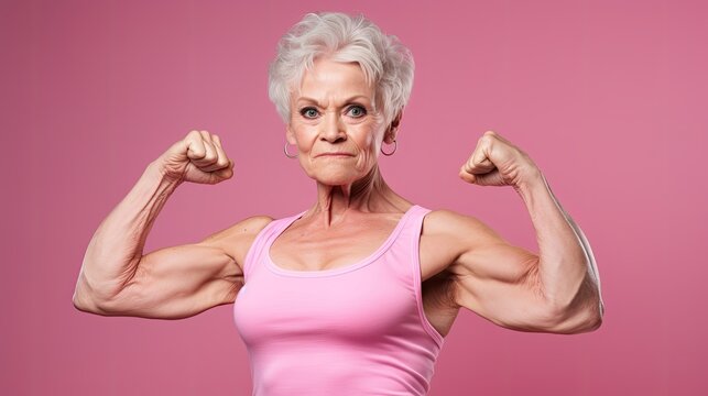 Strong senior woman on pink background