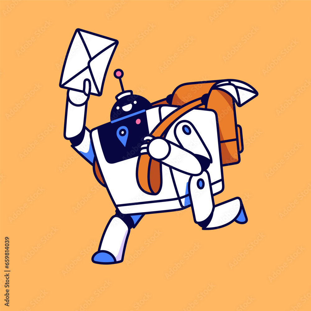 Poster digital correspondence delivery. robot postman, courier running with letter in hand. email bot with 