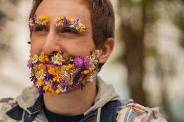 Redhead with floral beard values nature deeply