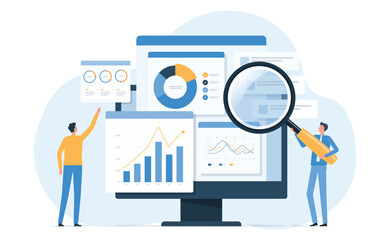 business people working for data analytics and monitoring on web report dashboard monitor and business finance investment design concept
 - obrazy, fototapety, plakaty