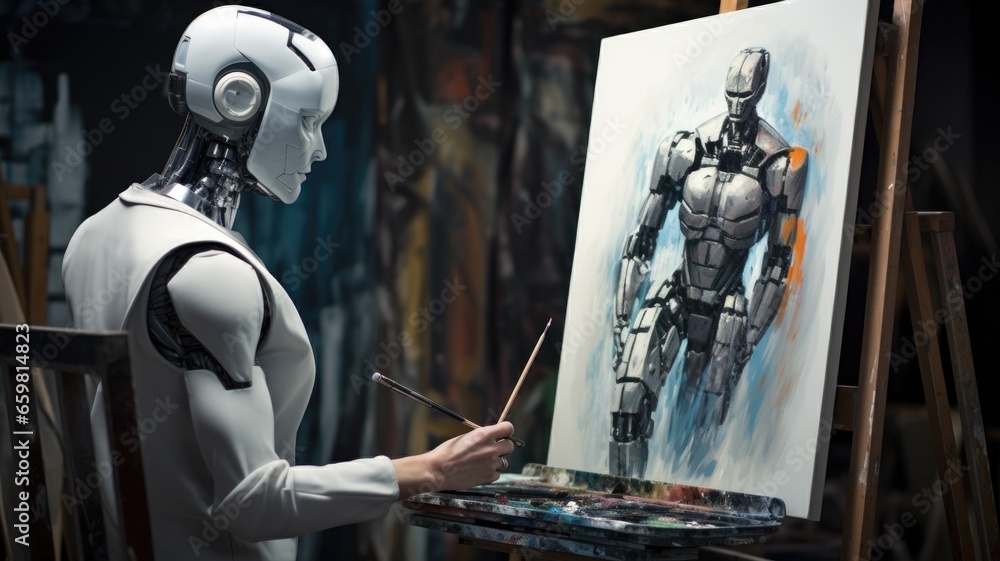 Poster generative ai art technology concept, robot painting picture in studio. generative ai image.