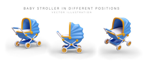 Set of blue and yellow baby carriages in different positions. Cute illustrations in cartoon style. Accessory for safe and comfortable transportation of child. Isolated images - obrazy, fototapety, plakaty