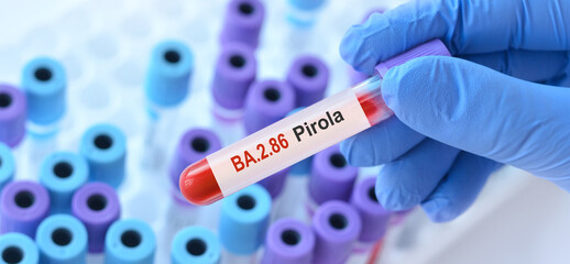 Doctor holding a test blood sample tube for the detection of the BA.2.86 Pirola on the background...