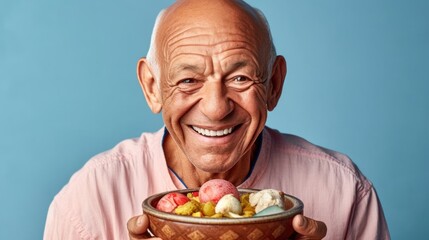 Elderly man grins during breakfast.