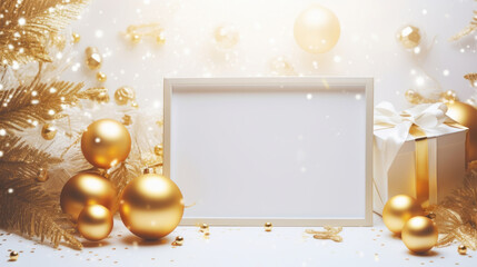 Fototapeta na wymiar New Year banner background with Christmas gift boxes and golden decorations, golden ball, top view