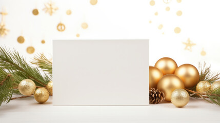 New Year banner background with Christmas gift boxes and golden decorations, golden ball, top view