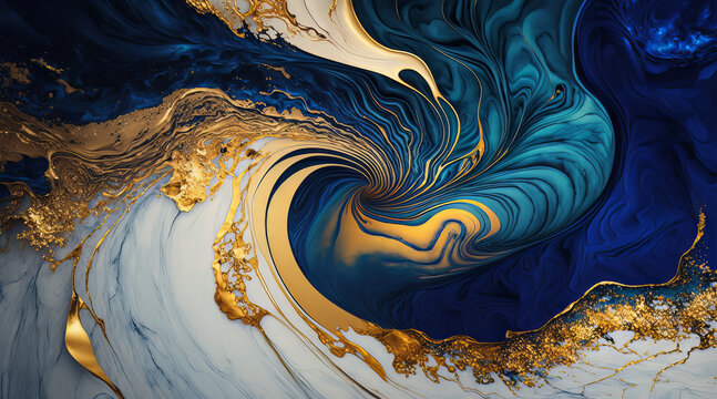 Texture imitating blue painting with running golden details. Abstract swirling marble paint wallpaper. Generative Ai