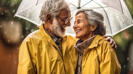 Multicultural elders, happily posed in raincoats amid city showers.