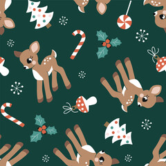 Seamless vector pattern with cute vintage Christmas fawn, poinsettia and berry. Perfect for textile, wallpaper or print design.