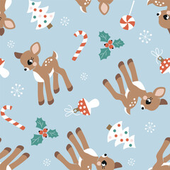 Seamless vector pattern with cute vintage Christmas fawn, poinsettia and berry. Perfect for textile, wallpaper or print design.