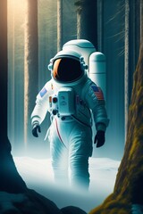 A space traveler in a white space suit walks in the forest and mountain in the middle of the day. Photorealistic art