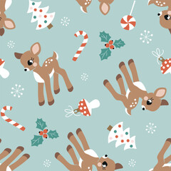 Seamless vector pattern with cute vintage Christmas fawn, poinsettia and berry. Perfect for textile, wallpaper or print design.