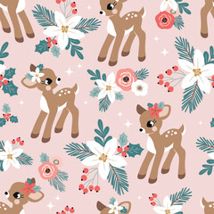 Seamless vector pattern with cute vintage Christmas fawn, poinsettia and berry. Perfect for textile, wallpaper or print design.