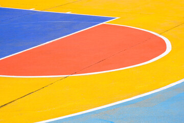 Background of colorful pattern with white lines of outdoors basketball court on the old concrete floor