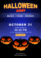 Shadow of Scary Pumpkin Carvings in Halloween Night Poster Layout Template : Announce the Halloween event with a spooky poster notice template, Sinister Jack O' Lantern carvings, bats and dead tree.
