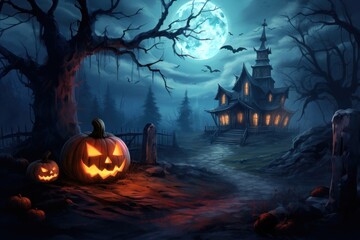 Fototapeta na wymiar Halloween pumpkin patch harsh pumpkin haunted house