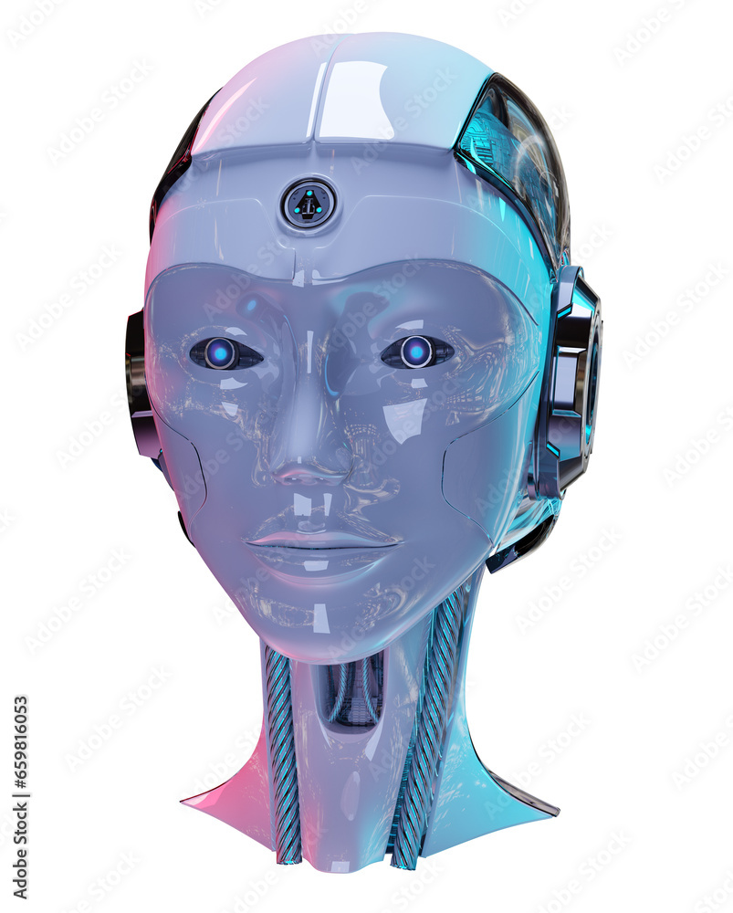 Poster isolated woman robot head with modern studio lights. 3d rendering of cyborg humanoid female face on 