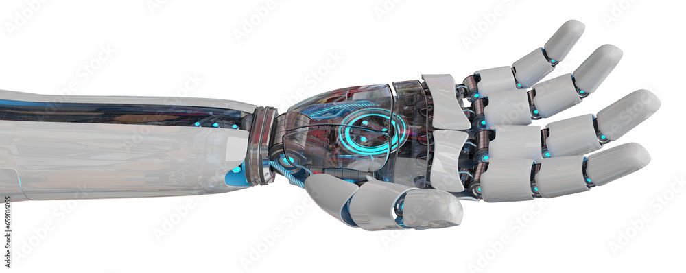 Poster isolated robot hand. 3d rendering white and blue cyborg arm. humanoid open palm cut out with transpa