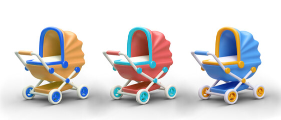 3d baby stroller in yellow, blue and red colors. 3d model for baby store with different templates. Baby care concept. Vector illustration in cartoon style