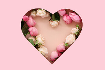 Cut pink paper in shape of heart with roses on beige background. Sweetest Day celebration - obrazy, fototapety, plakaty