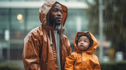 Fototapeta na wymiar Multicultural dad and child stroll city streets in raincoats.