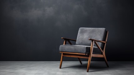 Experience the sophistication of urban living with a stylish wooden chair in a loft-style setting, where modern meets classic against a striking dark gray backdrop
