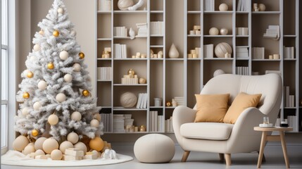 Decorated Christmas tree in living room background. Merry Christmas and Happy new year Concept. (Copy Space)