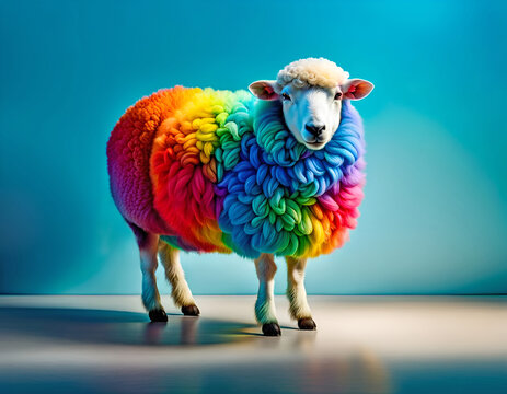 Un mouton arc-en-ciel, concept &ecirc;tre diff&eacute;rent, penser diff&eacute;remment, sortir du lot, &ecirc;tre original - IA g&eacute;n&eacute;rative
