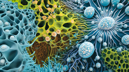 a vibrant, microscopic view of the colon's inner lining, magnified to expose the intricate network of T-cell intraepithelial lymphocytes standing vigilant