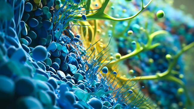 a vibrant, microscopic view of the colon's inner lining, magnified to expose the intricate network of T-cell intraepithelial lymphocytes standing vigilant