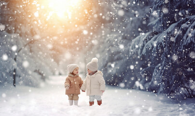 Fototapeta na wymiar Happy family. two children walking together in the snow. Magical snow fall Frost winter season. Winter landscape with copy space
