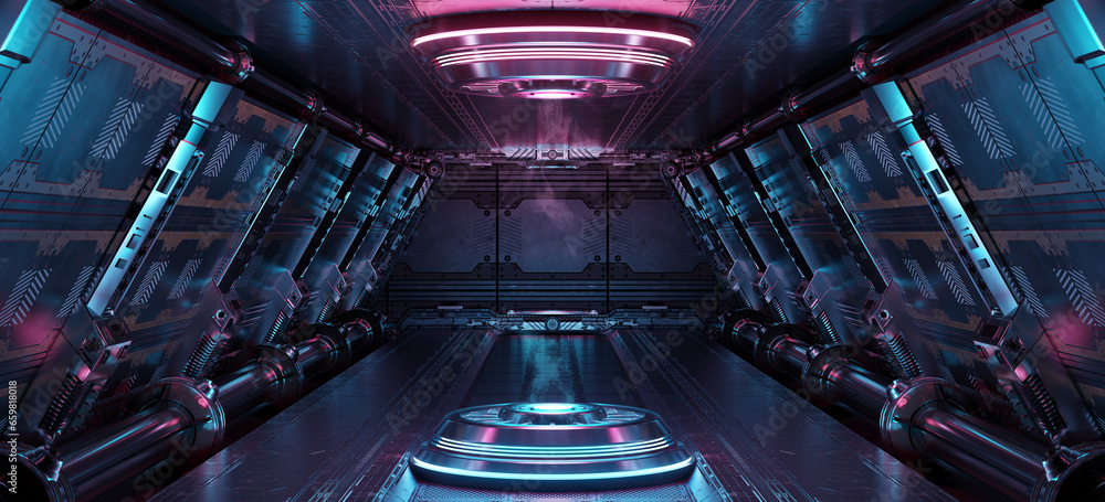 Poster blue and pink spaceship interior with projector. futuristic corridor in space station with glowing n
