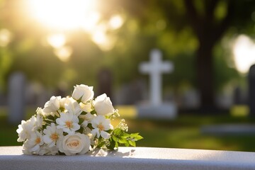 white flowers in front of a gravestone at a cemetery with sunset.Funeral Concept - obrazy, fototapety, plakaty