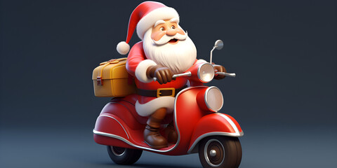 3d render christmas concept illustration santa riding scoter and delivering giftSanta claus and the dwarves are riding scooters to prepare gifts for christmas with soft grey background Ai Generative
 