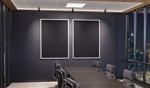 Two Vertical Frames Mockup Hanging In Office Meeting Room. Mock Up Of Billboards In Modern Company Interior 3D Rendering