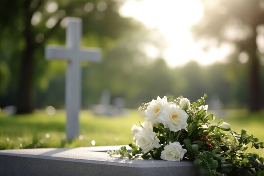 white flowers in front of a gravestone at a cemetery with sunset.Funeral Concept
