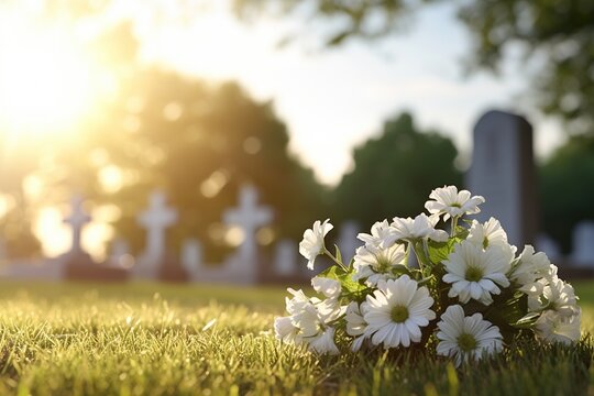 white flowers in front of a gravestone at a cemetery with sunset.Funeral Concept