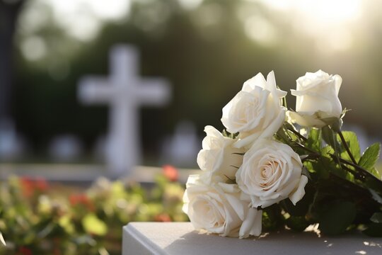 white flowers in front of a gravestone at a cemetery with sunset.Funeral Concept